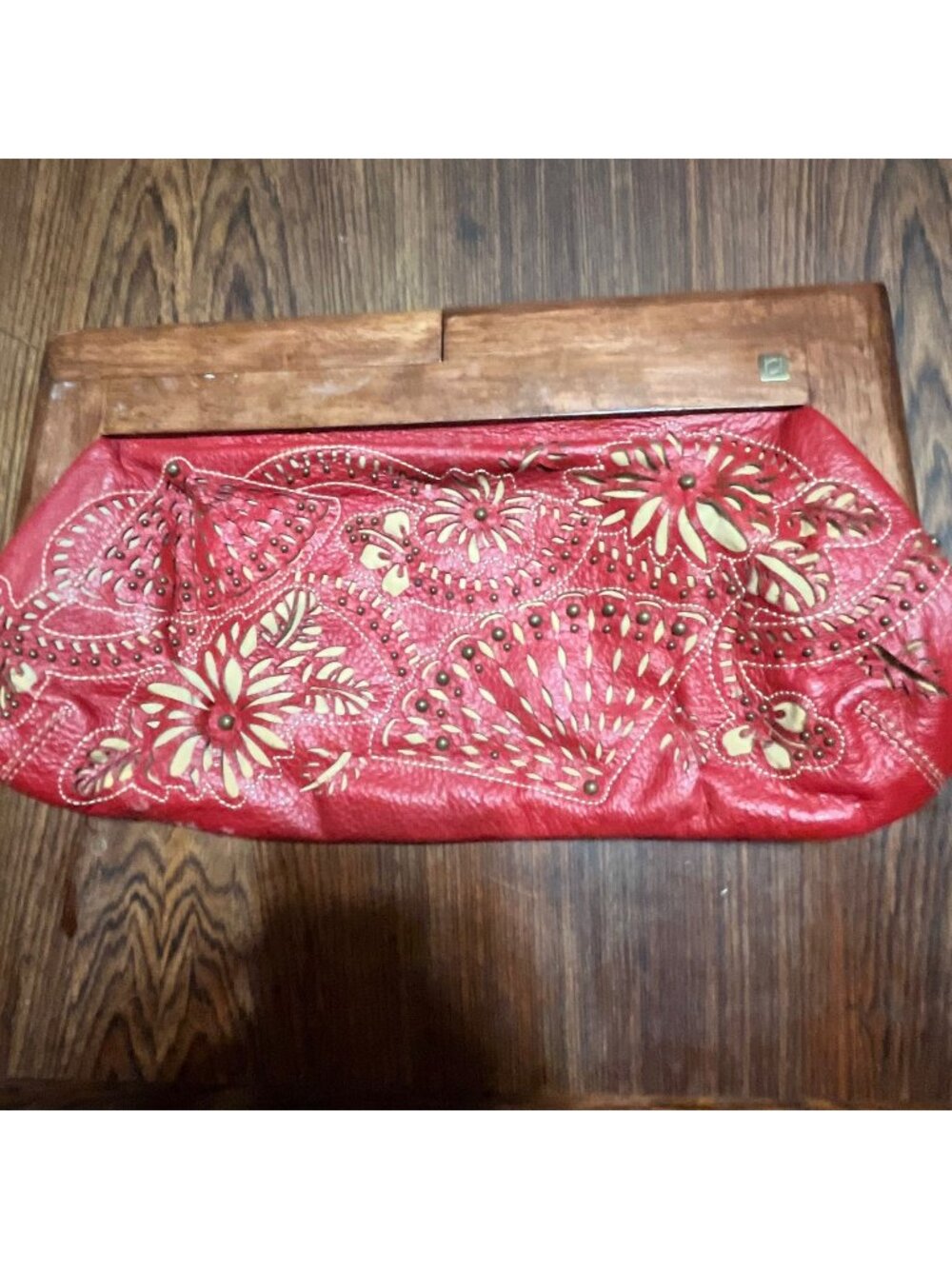 Rare Vintage RAFÉ Red Cut Out Leather Clutch with Wooden Handle